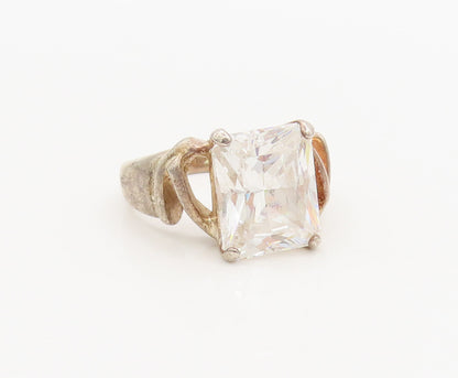 925 Sterling Silver  Vintage Designer Rectangular CZ Carved Ring Sz 7  RG26958