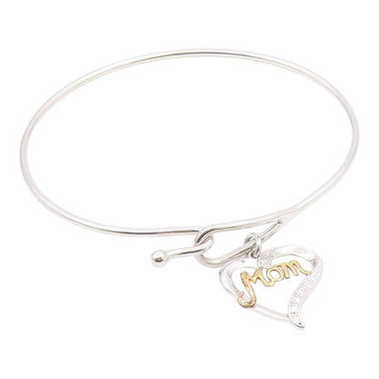 925 Sterling Silver  Genuine Diamond Mom Love Heart Bangle Bracelet  BT8264