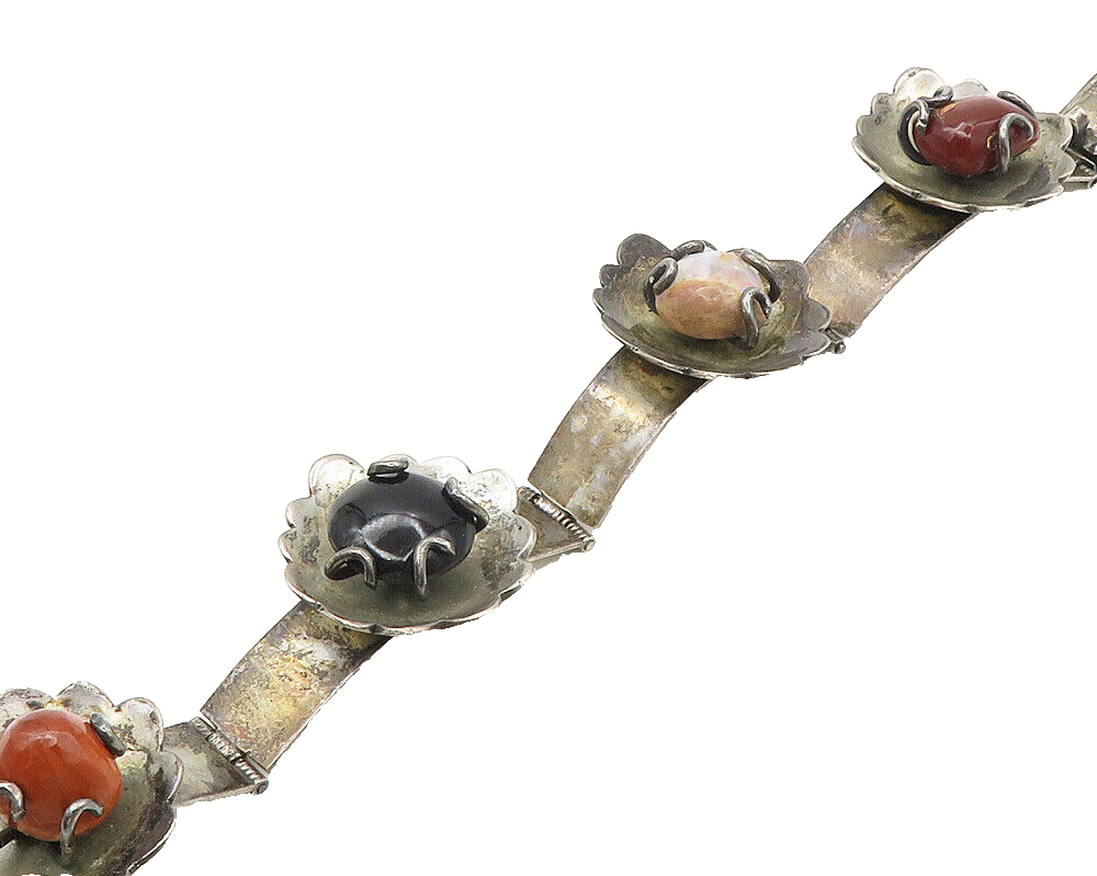 MEXICO 925 Silver  Vintage Jasper Onyx & Fire Opal Chain Bracelet  BT6752