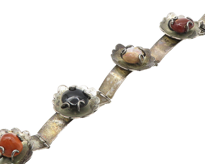 MEXICO 925 Silver  Vintage Jasper Onyx & Fire Opal Chain Bracelet  BT6752
