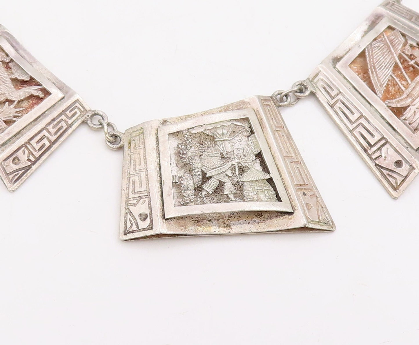 925 Sterling Silver Vintage Necklace Carved Storyteller Panel Choker   NE4684