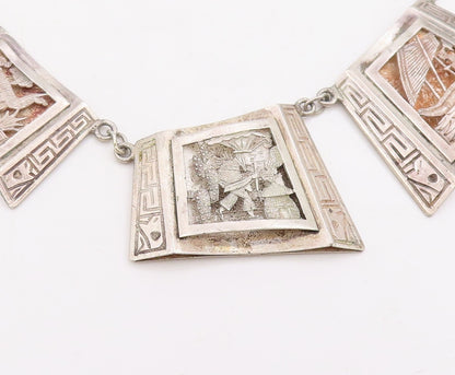 925 Sterling Silver Vintage Necklace Carved Storyteller Panel Choker   NE4684