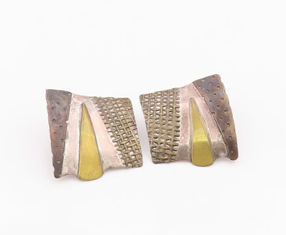 14K Gold & 925 Sterling Silver Vintage Earrings Classic Geometric Shield EG14400