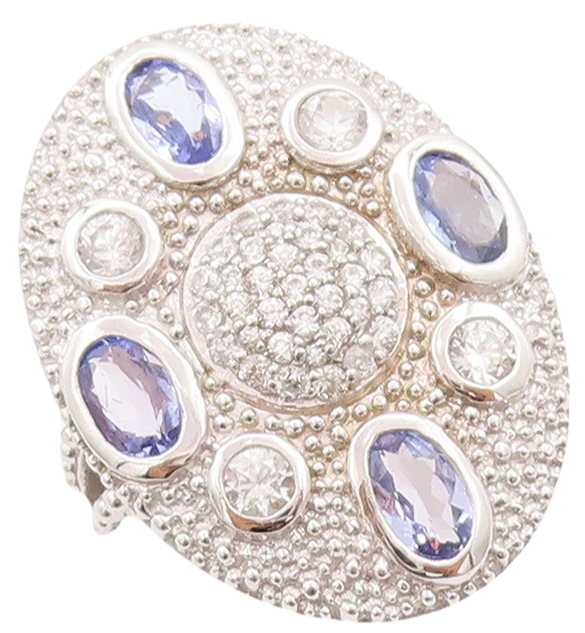 925 Sterling Silver Vintage Ring Large Oval Sapphire & CZ Inlay  Sz 7  RG29557