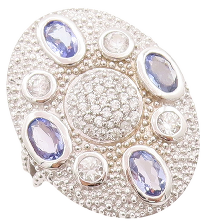 925 Sterling Silver Vintage Ring Large Oval Sapphire & CZ Inlay  Sz 7  RG29557