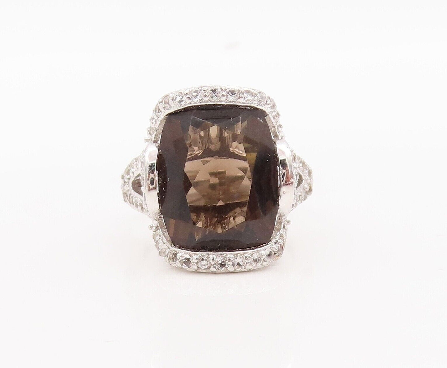 925 Sterling Silver Vintage Ring Smoky Quartz Cutout Topaz Inlay Sz 7.5  RG29754