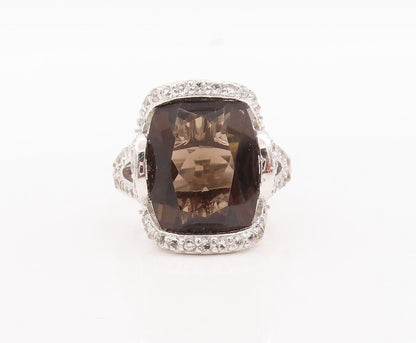 925 Sterling Silver Vintage Ring Smoky Quartz Cutout Topaz Inlay Sz 7.5  RG29754
