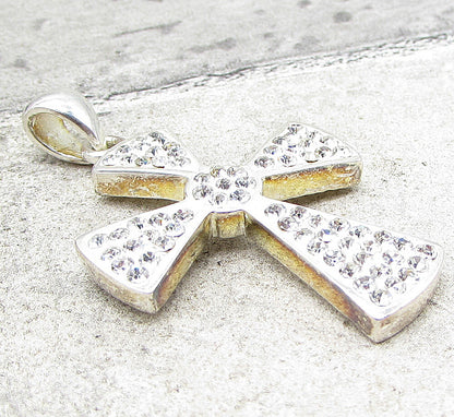 925 Sterling Silver  White Crystals Religious Cross Drop Pendant  PT1430
