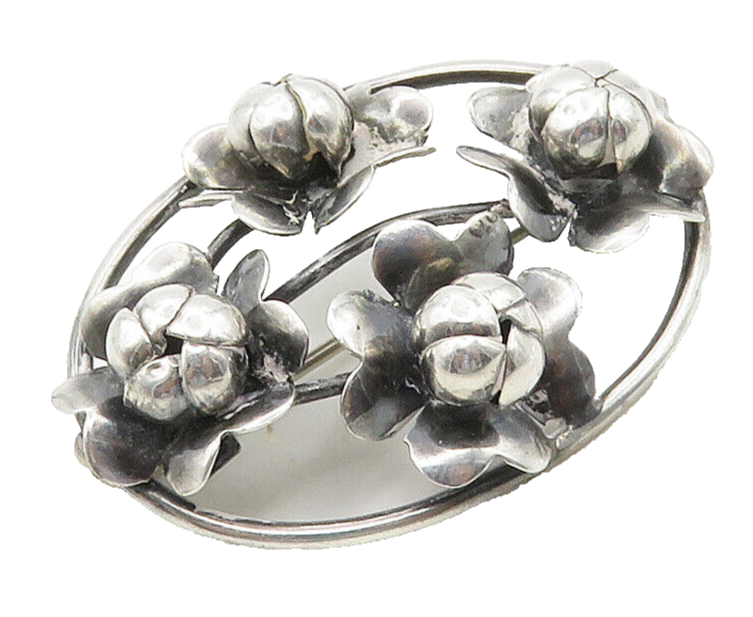 925 Sterling Silver  Vintage Handmade Shiny Floral Motif Brooch Pin  BP6152