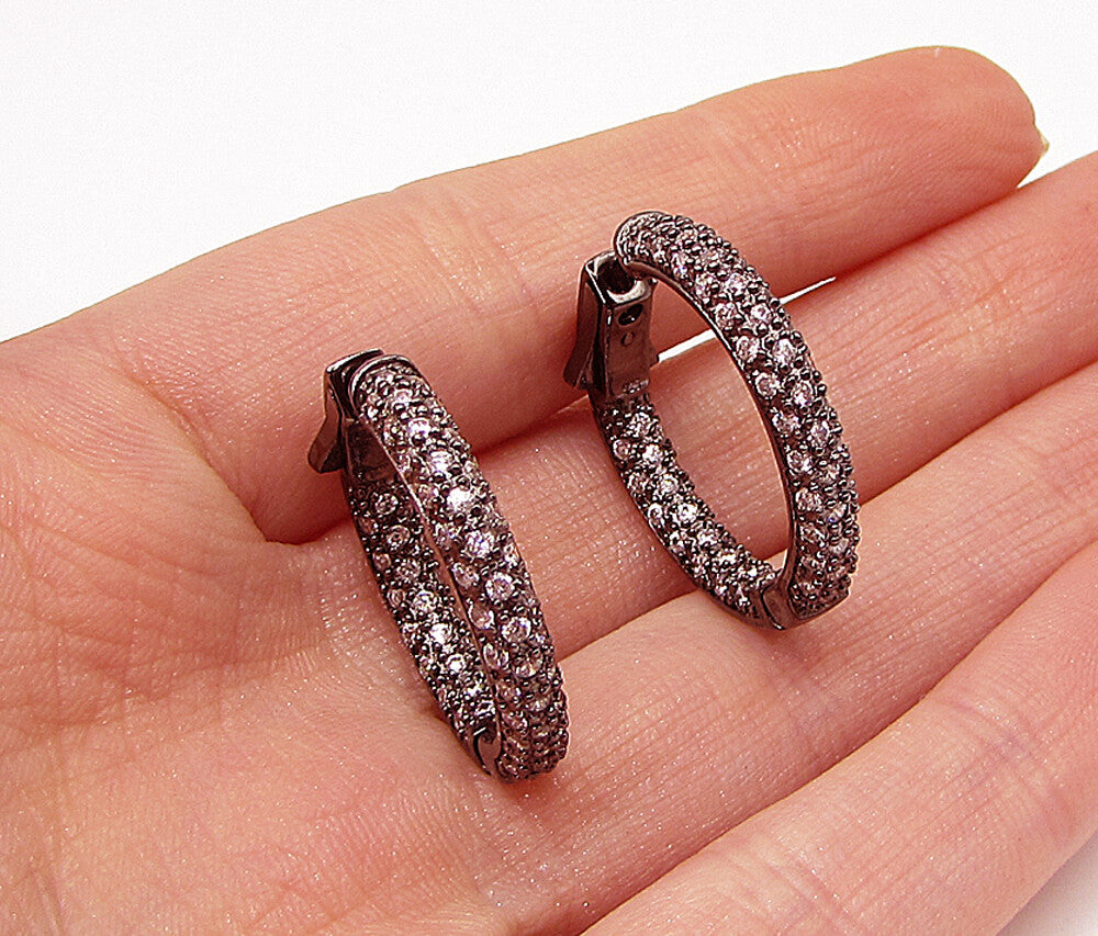 925 Sterling Silver  White Cubic Zirconia Dark Tone Hoop Earrings  EG1441