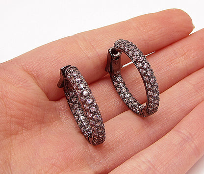 925 Sterling Silver  White Cubic Zirconia Dark Tone Hoop Earrings  EG1441