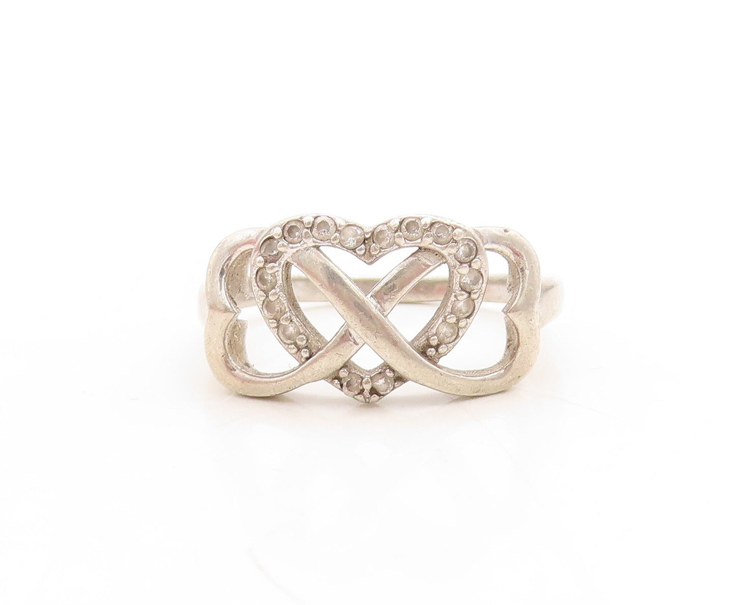925 Sterling Silver Vintage Ring Topaz Inlay Infinity Hearts Cutout Sz 8 RG31629