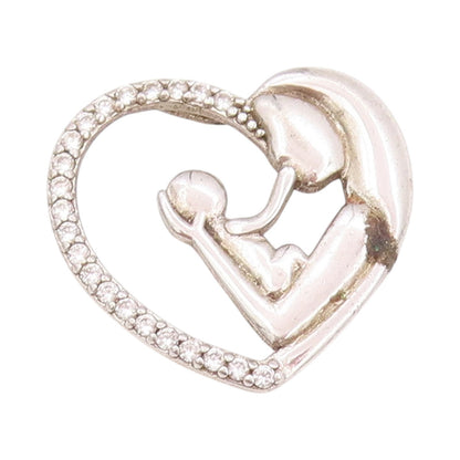 925 Sterling Silver Vintage Pendant CZ Heart Outline Motherhood Charm  PT24753
