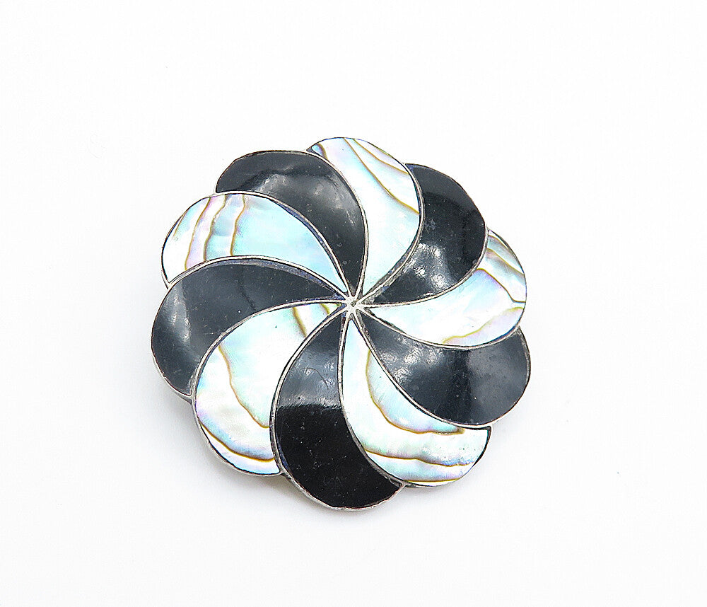 CB MEXICO 925 Silver Vintage Abalone Shell & Black Onyx Brooch Pin BP2818