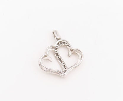 925 Sterling Silver Vintage Pendant Real Diamonds Twin Love Heart Charm  PT25524