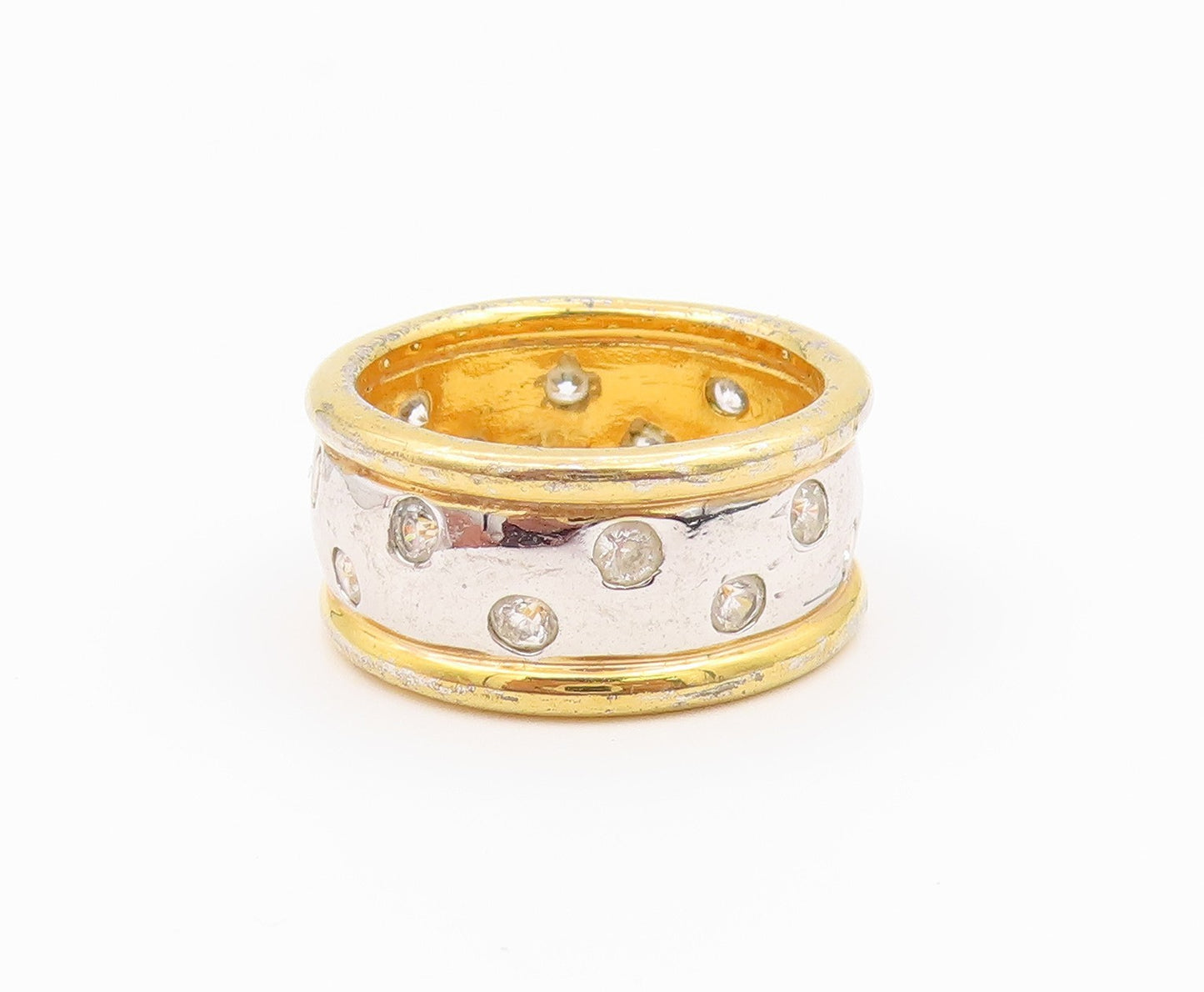 925 Sterling Silver Vintage Ring Two Tone Flush Set CZ Band  Sz 6.5  RG36546