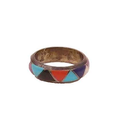 NAVAJO ZUNI 925 Silver Vintage Multi stone Triangle Inlay Ring Sz 6.5  RG26745