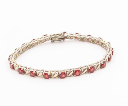 925 Sterling Silver Vintage Bracelet Classic Round Cut Garnet Link  BT12174