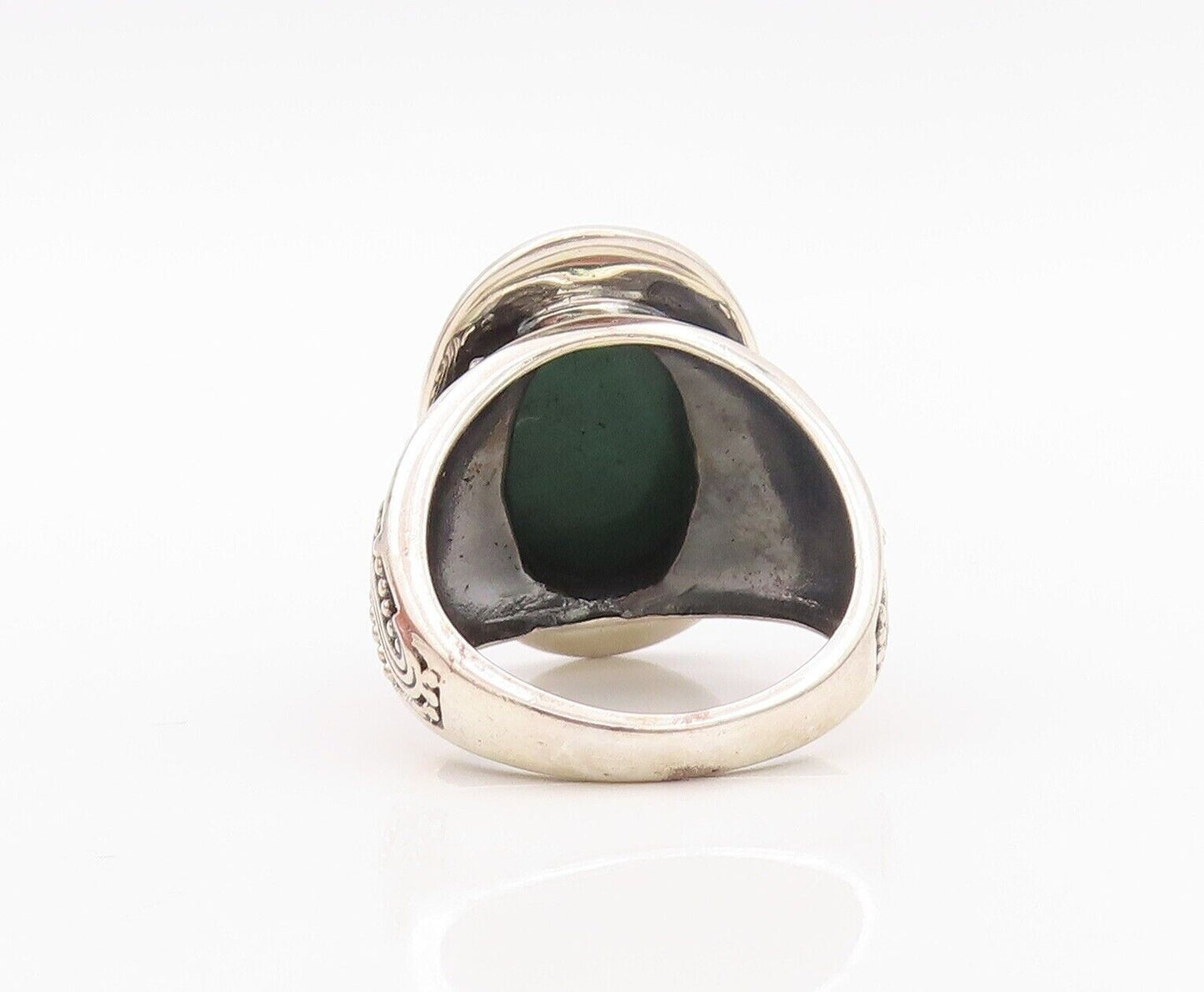 925 Sterling Silver Vintage Ring Oval Gemstone Beaded Design  Sz 9.5  RG30148