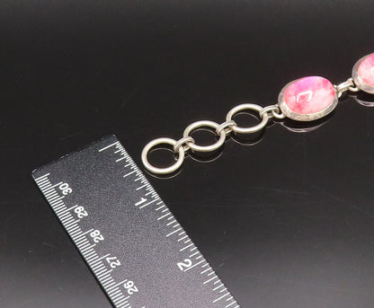 925 Silver  Vintage Unique Cabochon Pink Moonstone Chain Bracelet  BT9763
