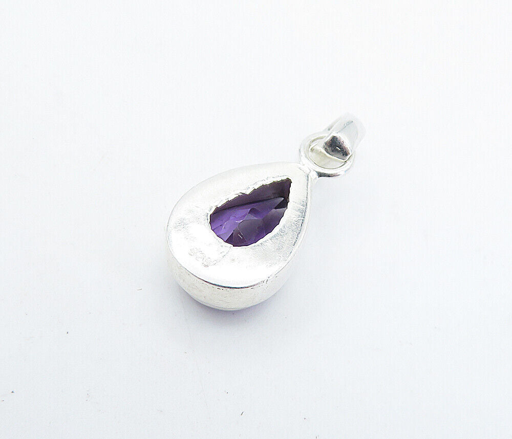 925 Sterling Silver - Faceted Pear Shape Amethyst Shiny Drop Pendant - PT5045