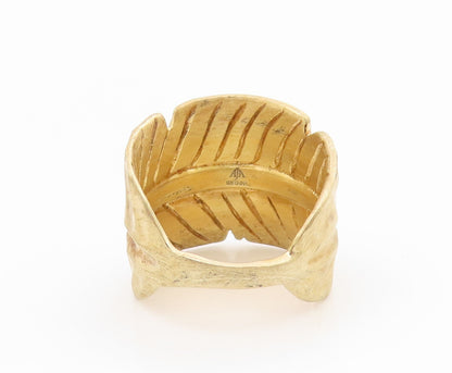 925 Sterling Silver Vintage Ring Gold Plated Carved Foliate Leaf Sz 7 RG34651