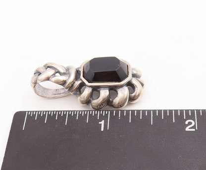 925 Sterling Silver Vintage Pendant Solid Cutout Braided Rectangle Onyx  PT22844