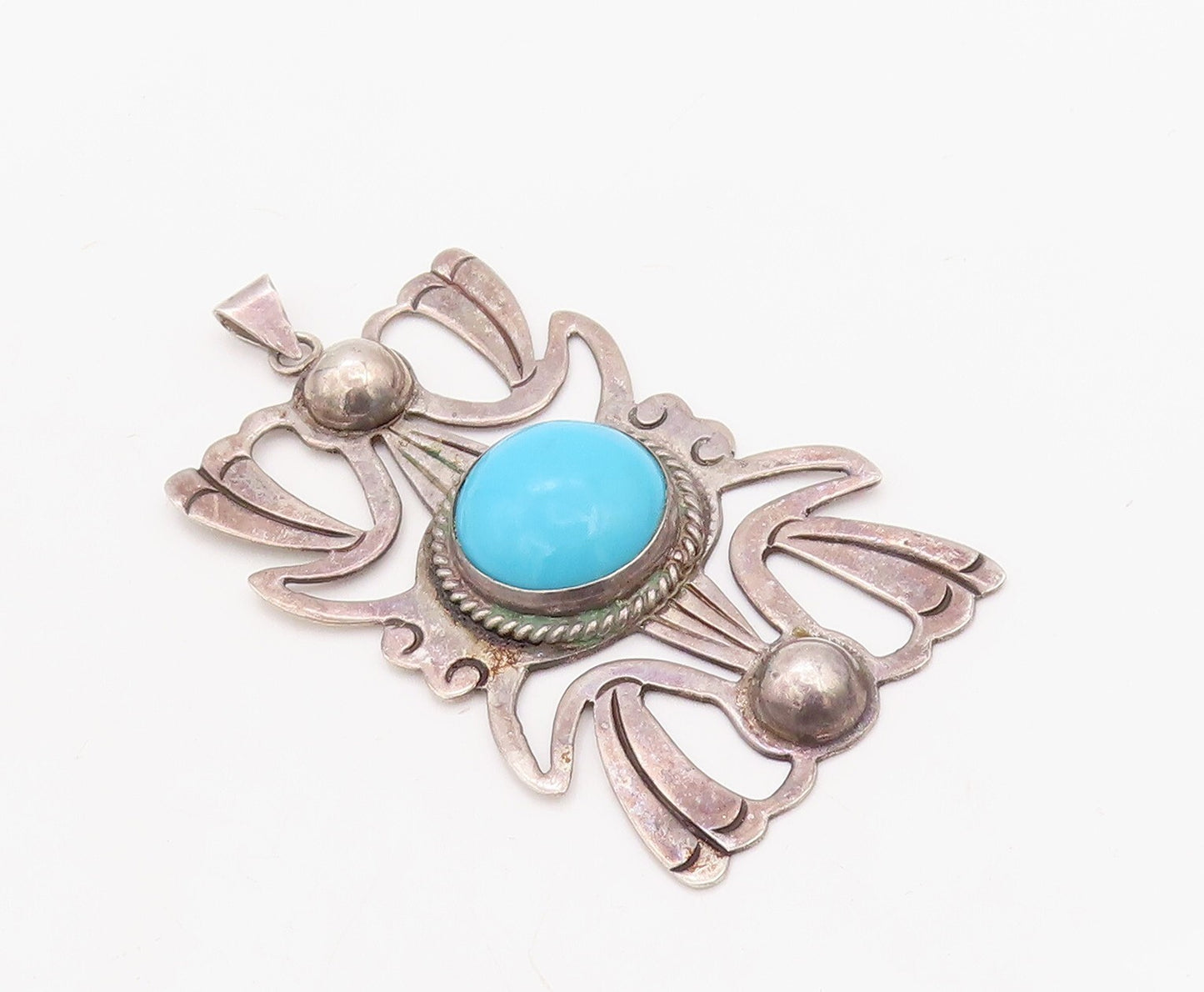 925 Sterling Silver Vintage Pendant MEXICO Designer Blue Turquoise Sun  PT23546