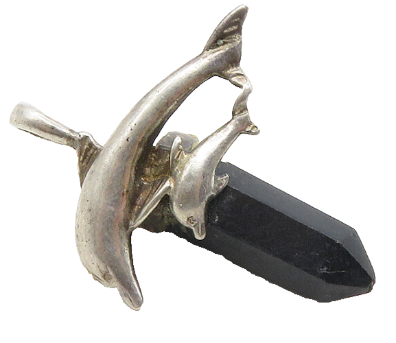 925 Sterling Silver  Vintage Black Onyx Wand Mom & Baby Dolphin Pendant PT7728