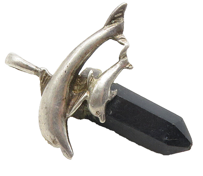 925 Sterling Silver  Vintage Black Onyx Wand Mom & Baby Dolphin Pendant PT7728