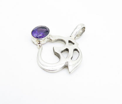 925 Sterling Silver  Faceted Amethyst Om Spiritual Symbol Pendant  PT5945