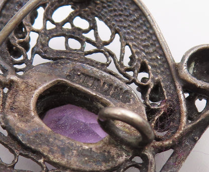 925 Sterling Silver Vintage Brooch Pin Classic Amethyst Floral Openwork  BP12588