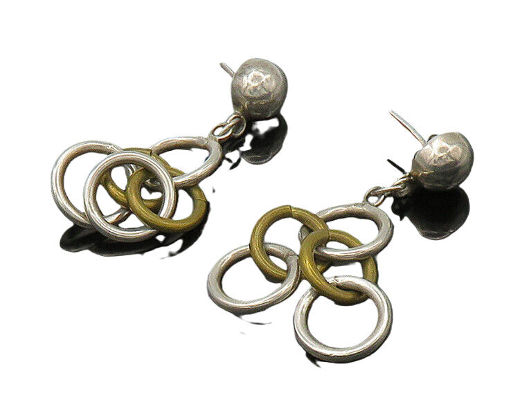 925 Sterling Silver  Vintage 2 Tone Linked Circles Dangle Earrings  EG10813