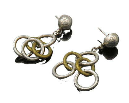 925 Sterling Silver  Vintage 2 Tone Linked Circles Dangle Earrings  EG10813