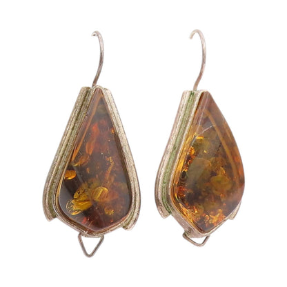 925 Sterling Silver Vintage Earrings POLAND Honey Amber Tear Drop Design EG13663