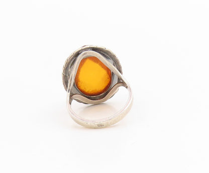925 Sterling Silver Vintage Ring POLAND Faceted Amber Rope Border  Sz 6  RG34771