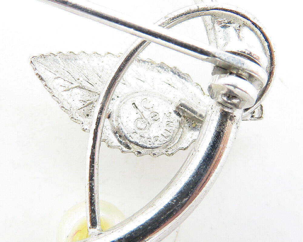 DCE 925 Sterling Silver  Vintage Petite Pearl Floral Leaf Brooch Pin  BP4292