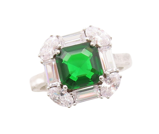 925 Sterling Silver Vintage Ring Green Square Cut Halo White Topaz  Sz 7 RG29542