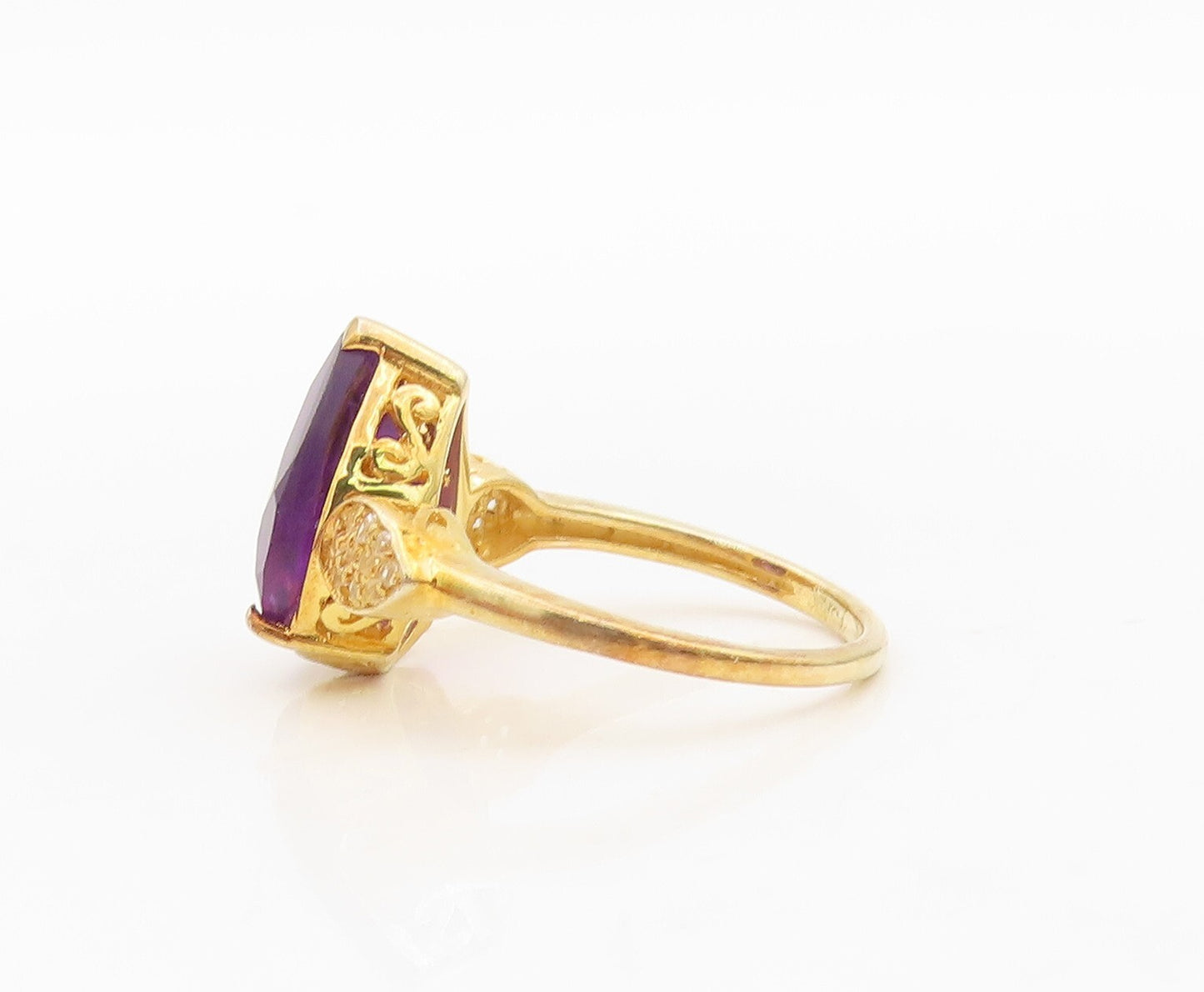 925 Sterling Silver Vintage Ring Gold Plated Drop Cut Amethyst & CZ Sz 8 RG30339