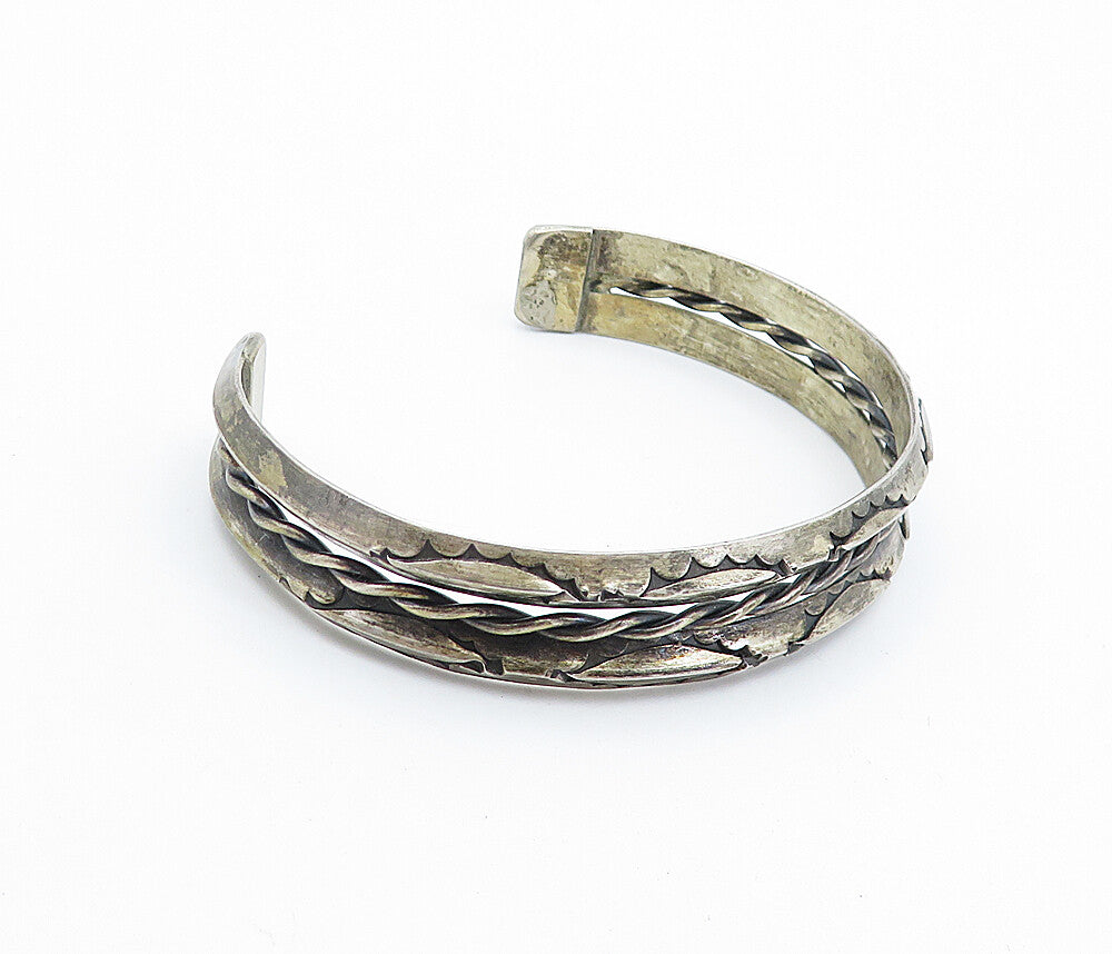 NAVAJO 925 Sterling Silver Vintage Dark Tone Rope Twist Cuff Bracelet BT2992