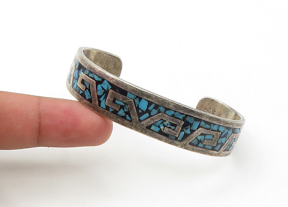 MEXICO 925 Sterling Silver  Vintage Turquoise Mosaic Cuff Bracelet  BT8573