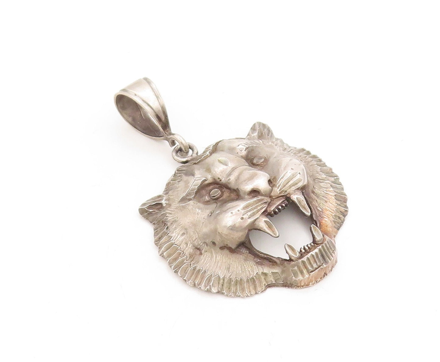 925 Sterling Silver Vintage Pendant Dark Tone Angry Roaring Tiger  PT23886