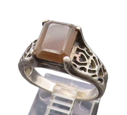 925 Silver  Vintage Quartz With Stencil Cutout Shoulder Ring Sz 8.75  RG26686