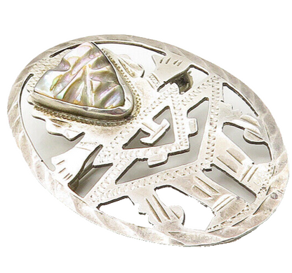 GUATEMALA 925 Silver  Vintage Face Carved Abalone Warrior Brooch Pin  BP6727