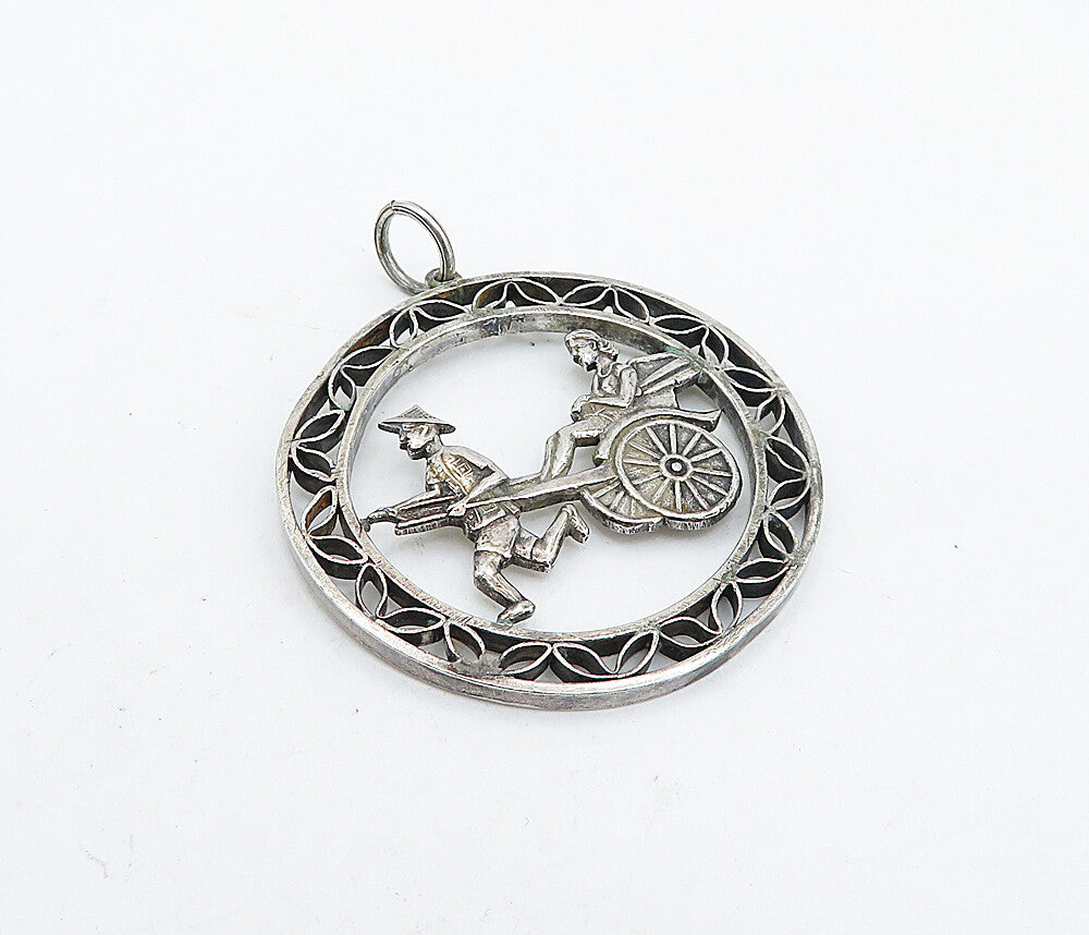 925 Sterling Silver  Vintage Man Pulling Rickshaw Carriage Pendant  PT4903