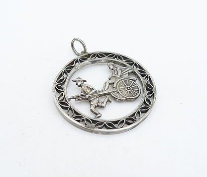925 Sterling Silver  Vintage Man Pulling Rickshaw Carriage Pendant  PT4903