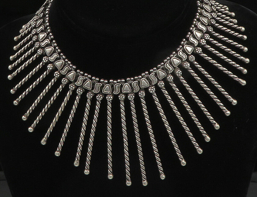 Solid Silver Vintage Dangling Twist Bar Royal Collar Chain Necklace  NE3317