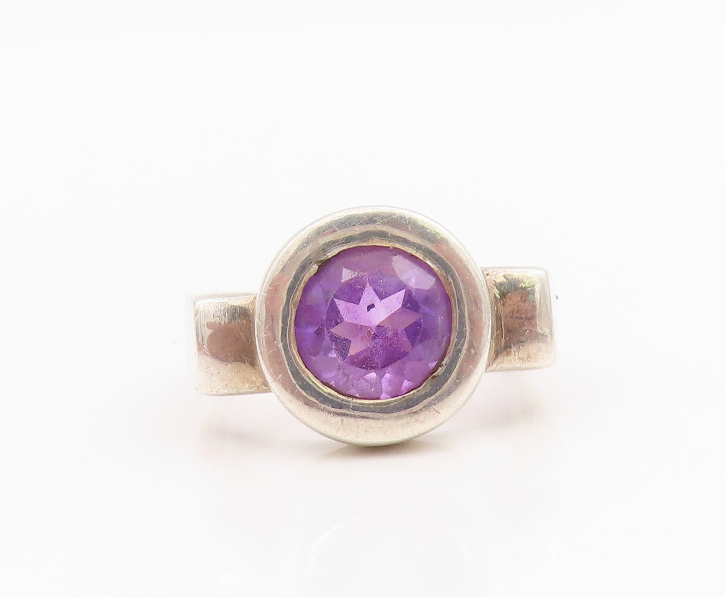 925 Sterling Silver Vintage Ring Bezel Set Amethyst Solitaire Band Sz 8 RG34191