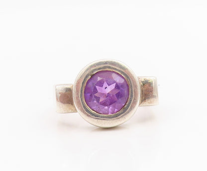 925 Sterling Silver Vintage Ring Bezel Set Amethyst Solitaire Band Sz 8 RG34191