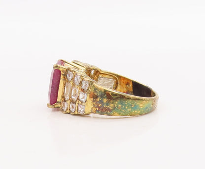 925 Sterling Silver Vintage Ring Gold Plated Ruby & Step Inlay CZ  Sz 7  RG29277